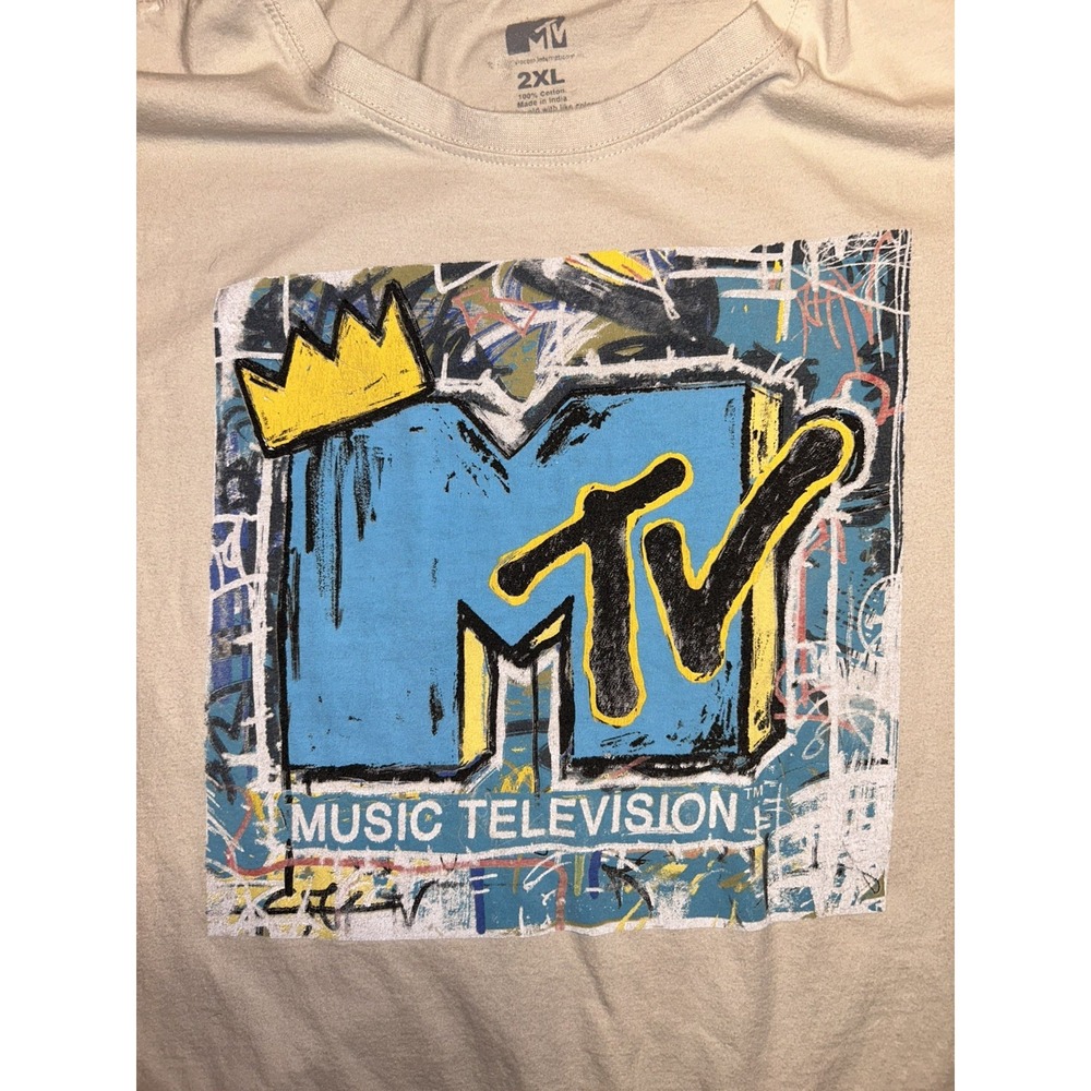 MTV Vintage Style Graffiti Graphic T-Shirt Mens 2XL Beige Streetwear Music Pop